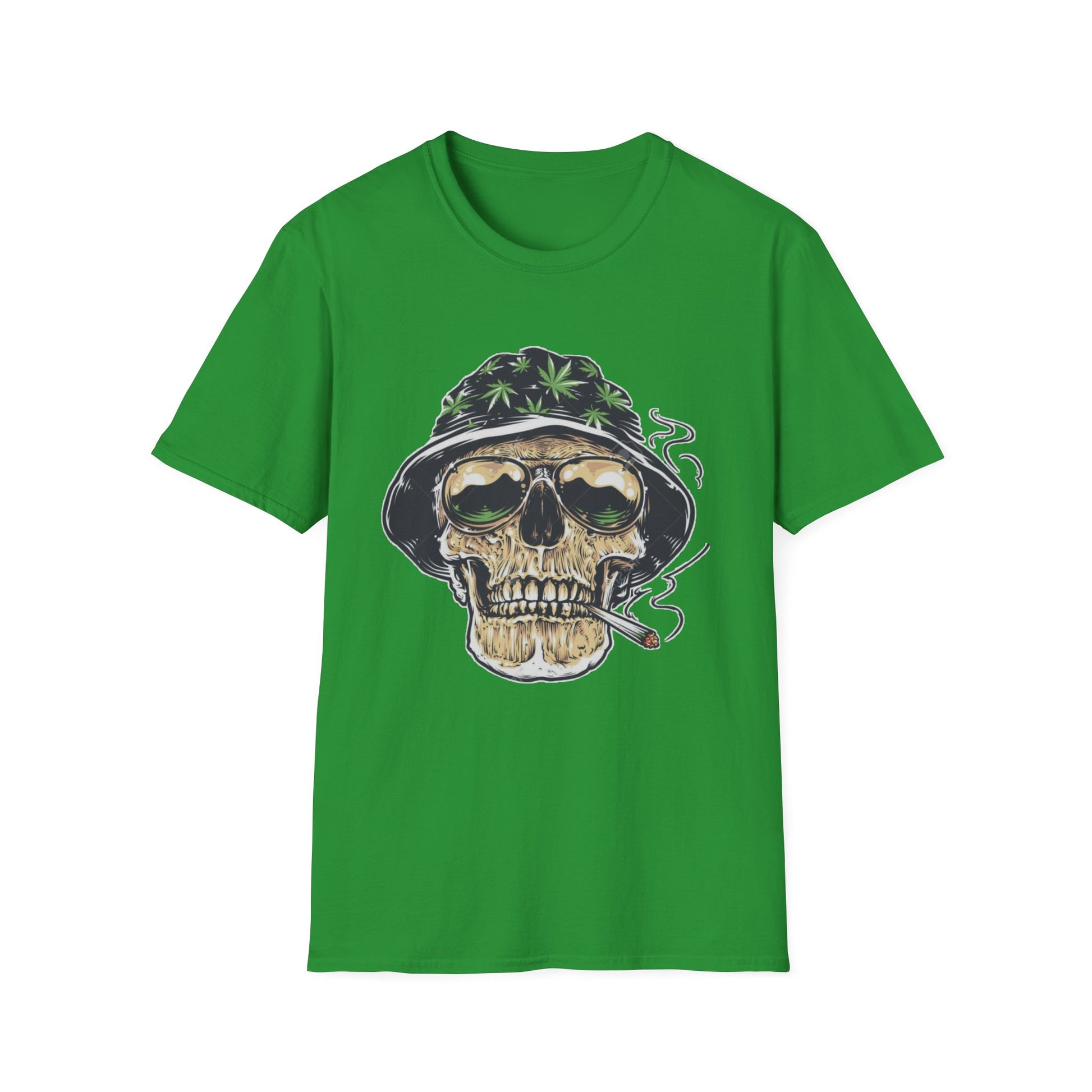 Cool Skull & Weed Graphic T-Shirt, Unisex Softstyle Tee for Music Lovers, Festival Wear, Casual Outfits, Gifts for Him/Her - Kemo Green, LLC