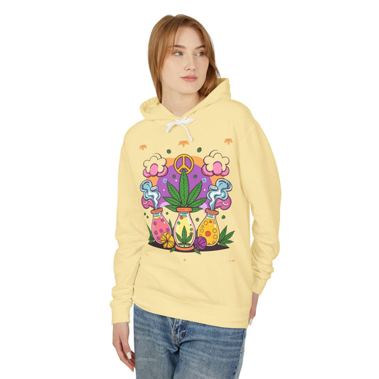 Peaceful Vibes Unisex Lightweight Hooded Sweatshirt - Colorful Cannabis Design - Kemo Green, LLC