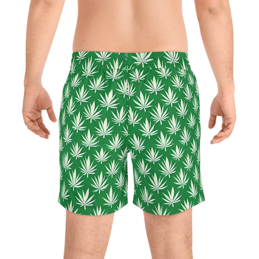 Men's Mid-Length Swim Shorts - Cannabis Leaf Print for Beach & Pool Fun - Kemo Green, LLC